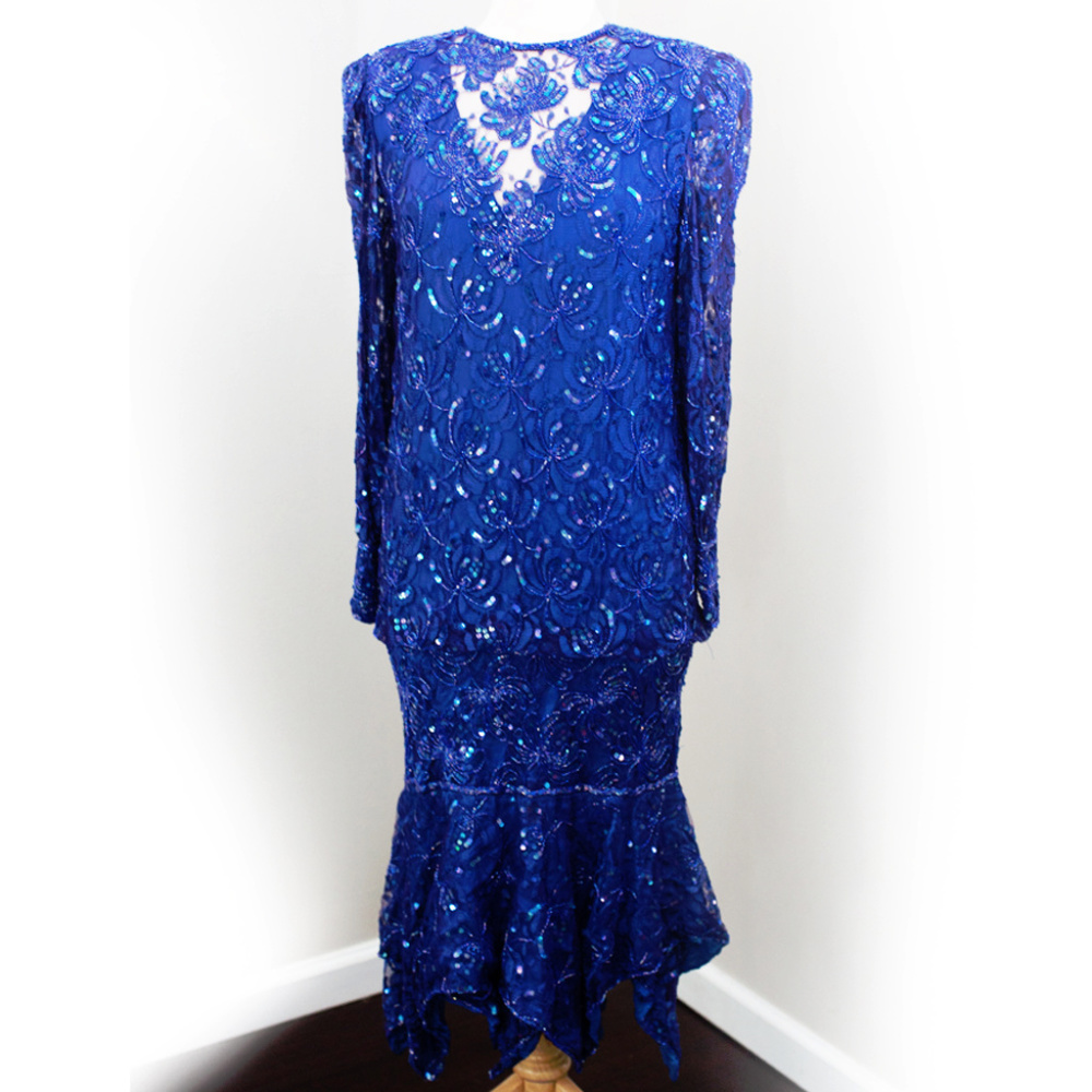 Vintage Laurence Kazar Silk Sequin Blue Dress